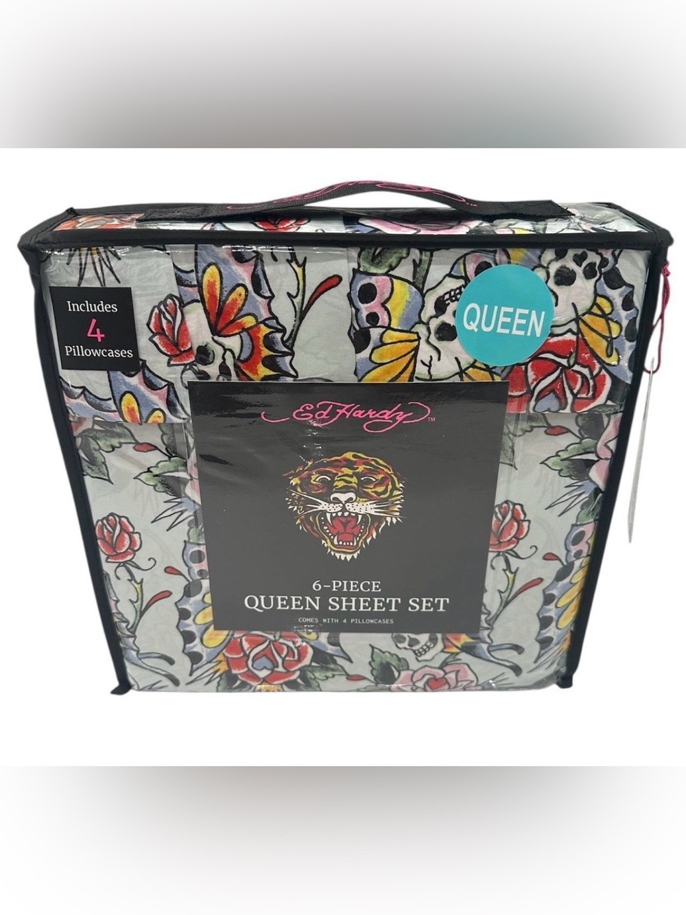 Ed Hardy Queen Size Sheet Set 6-Piece Sky Blue Green Skull Butterfly Print NWT